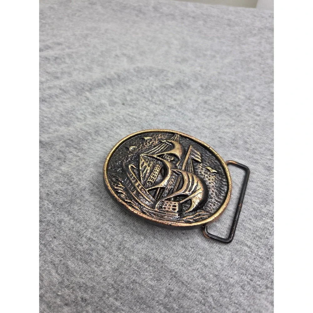 Vintage Solid Brass Clipper Sailing Ship Round Belt Buckle Sea